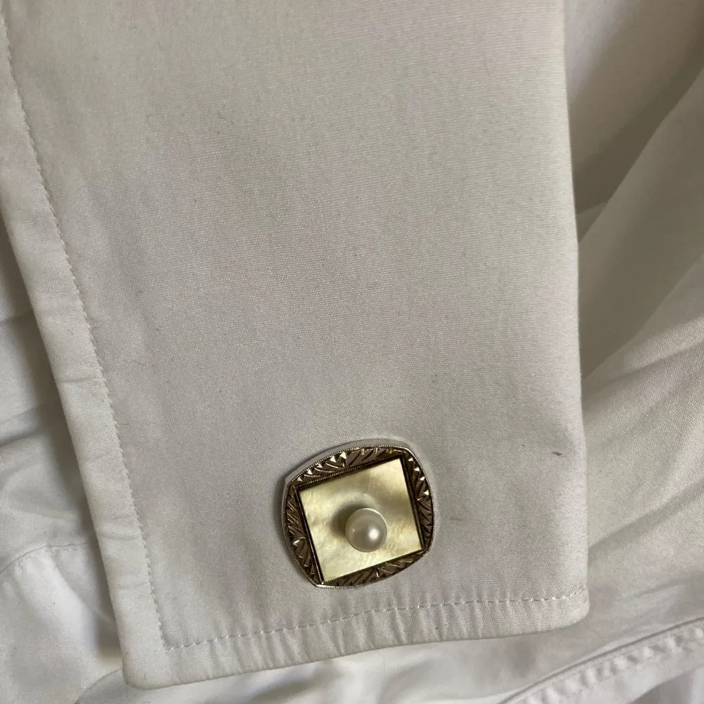 Vintage Sterling Mother of Pearl & Pearl Cufflinks + Tie Bar Set
